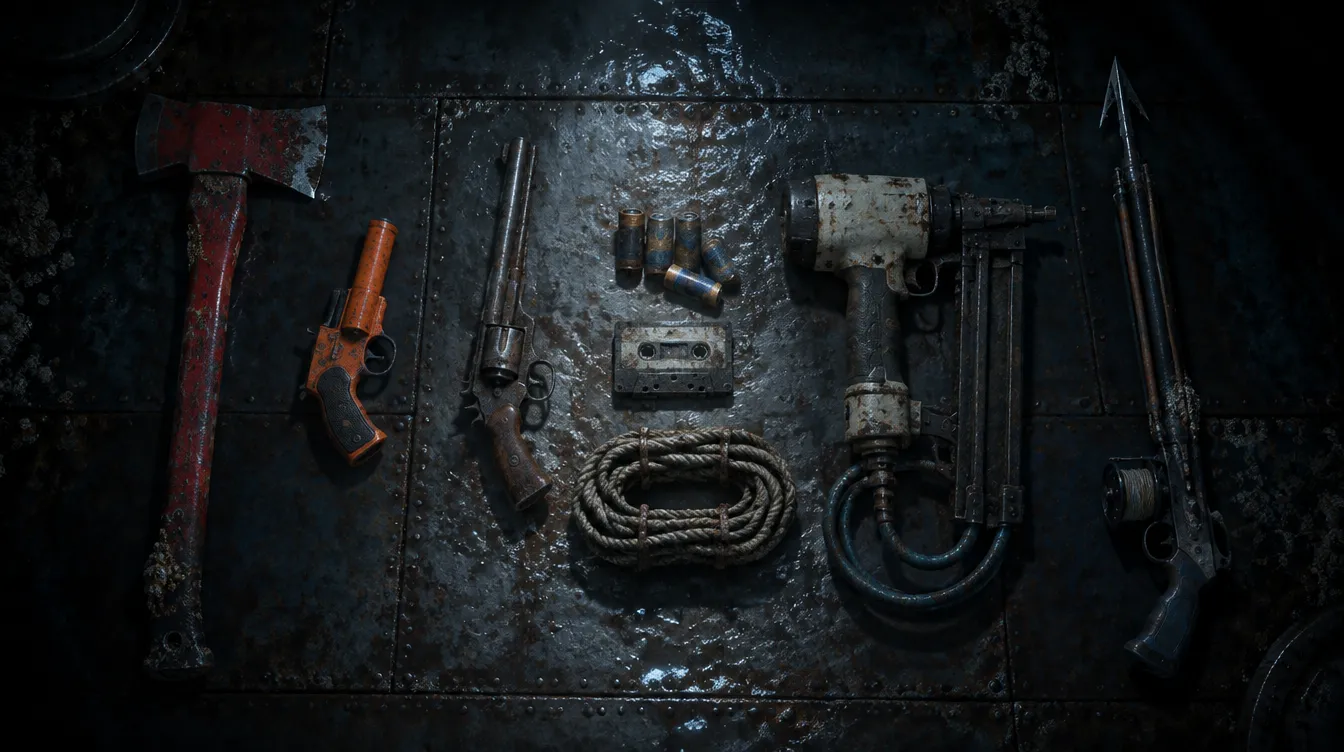 Dari atas, di pelat dek besi yang basah: kapak pemadam merah, pistol suar oranye, revolver tua, senapan paku dengan selang, dan senapan harpun, dengan baterai, kaset, dan gulungan tali di tengah.