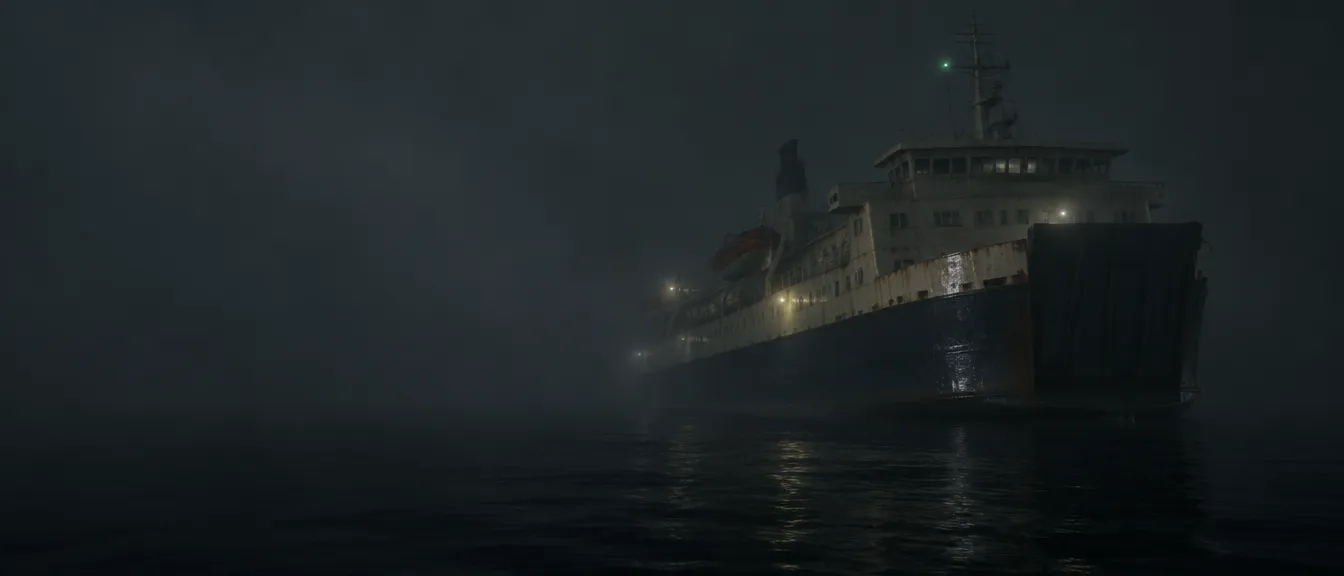 MV Saint Orla dari luar: kapal feri berlambung gelap dengan bangunan atas krem, diam di laut hitam yang rata, nyaris hilang dalam kabut, hanya beberapa lampu dek menyala.